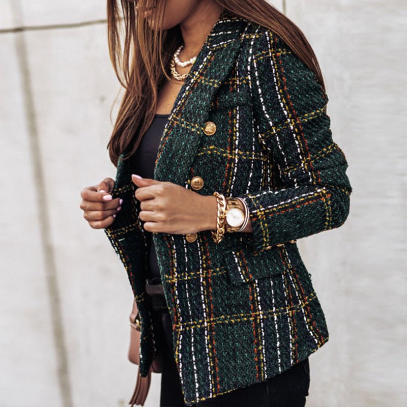 Drune | Damen Elegant Doppelreiher Karierter Damenjacke