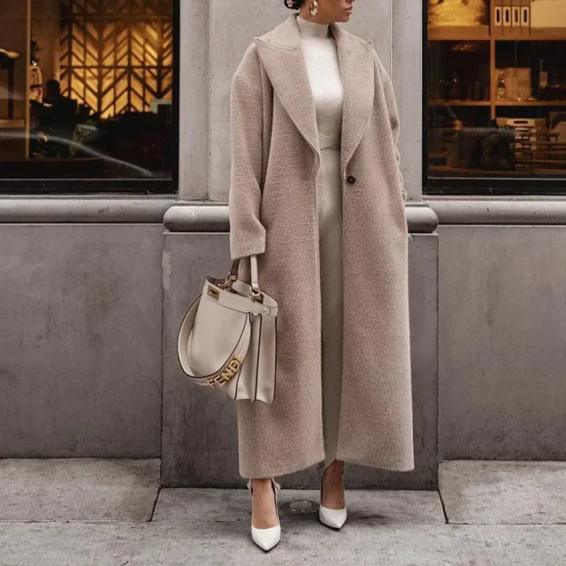Drune | Damen Wollmischung Langmantel – Oversized Passform – Reverskragen – Offene Vorderseite