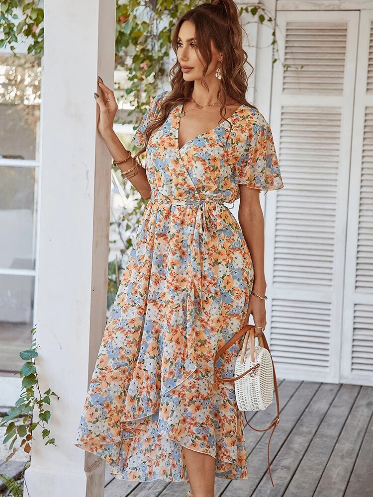 Drune | Boho Stil Kurzarm Sommerkleid Midi Kleid