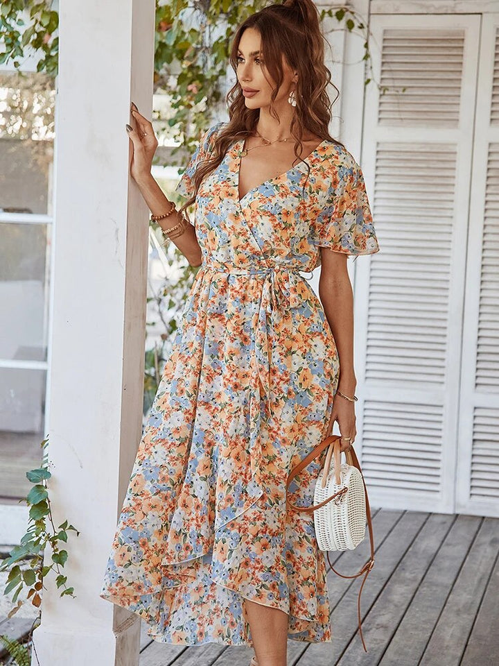 Drune | Boho Stil Kurzarm Sommerkleid Midi Kleid
