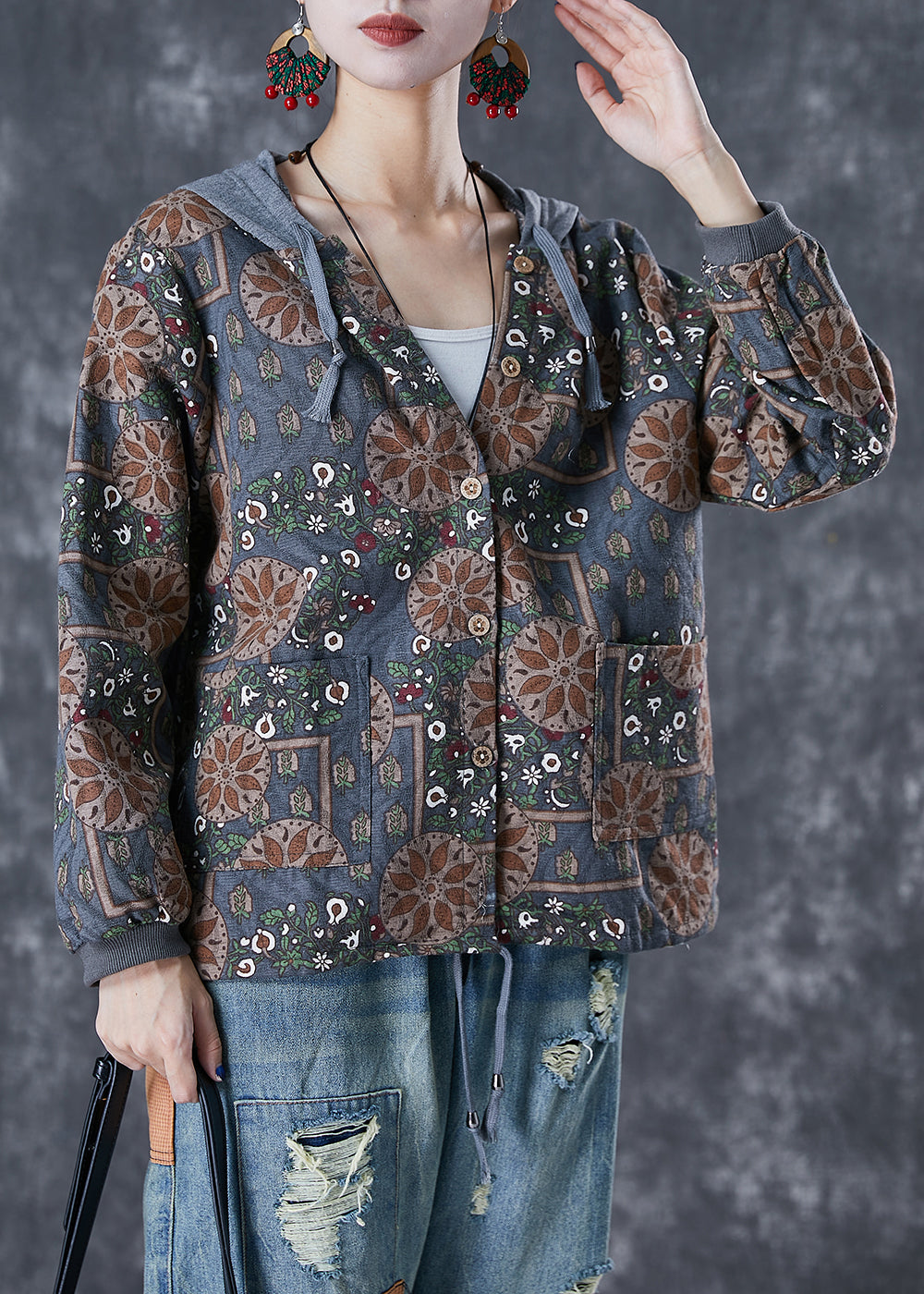 Drune | Graue Patchwork Baumwolljacken Kapuze Druck