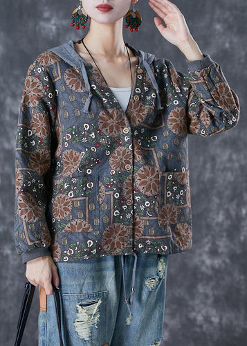 Drune | Graue Patchwork Baumwolljacken Kapuze Druck