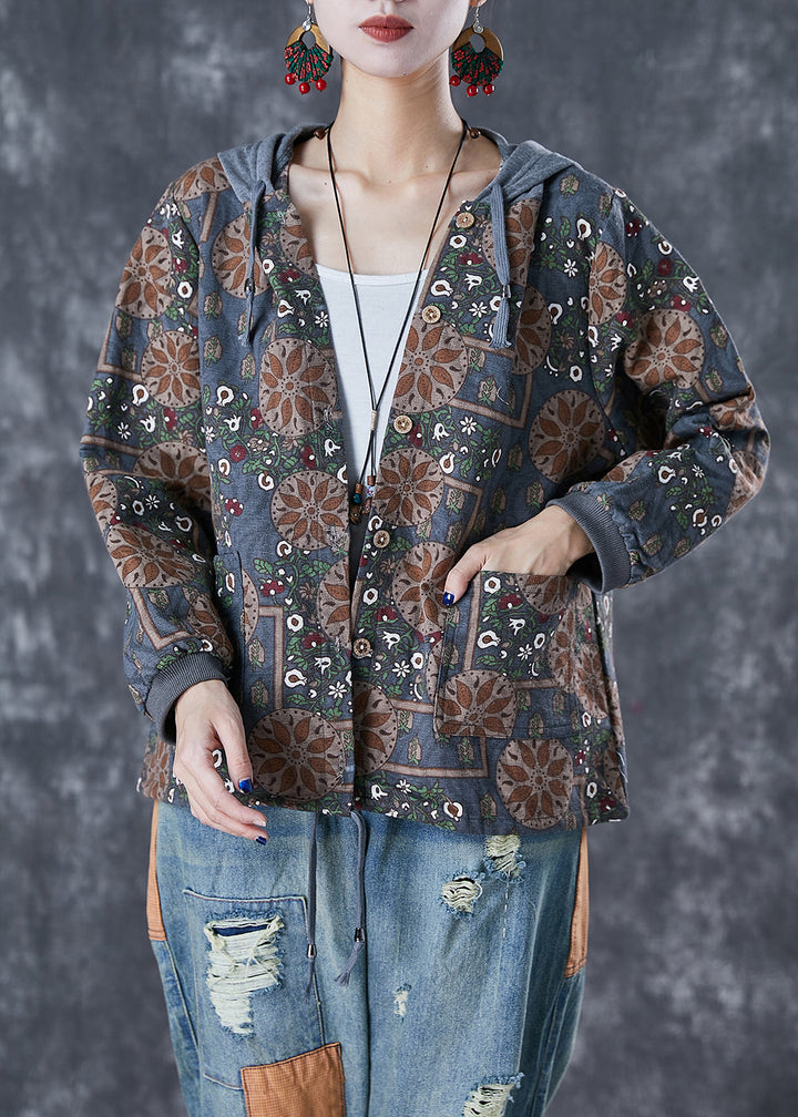 Drune | Graue Patchwork Baumwolljacken Kapuze Druck