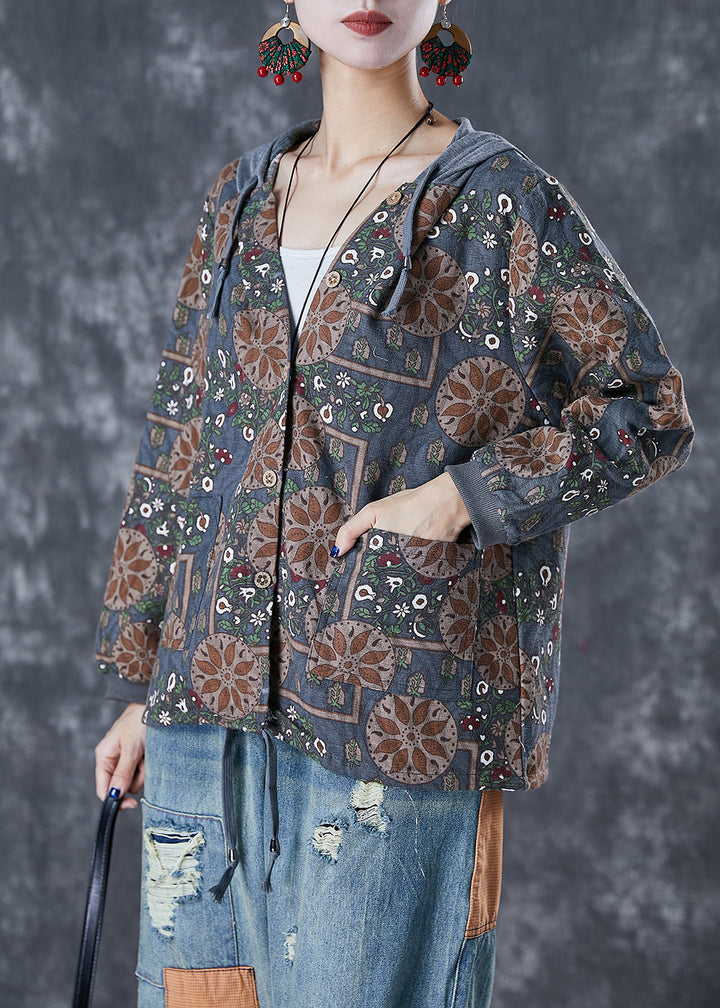 Drune | Graue Patchwork Baumwolljacken Kapuze Druck