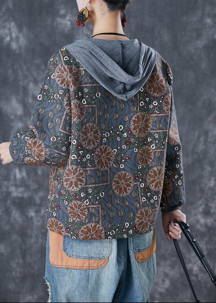Drune | Graue Patchwork Baumwolljacken Kapuze Druck