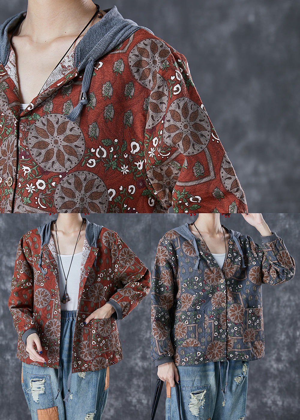 Drune | Graue Patchwork Baumwolljacken Kapuze Druck