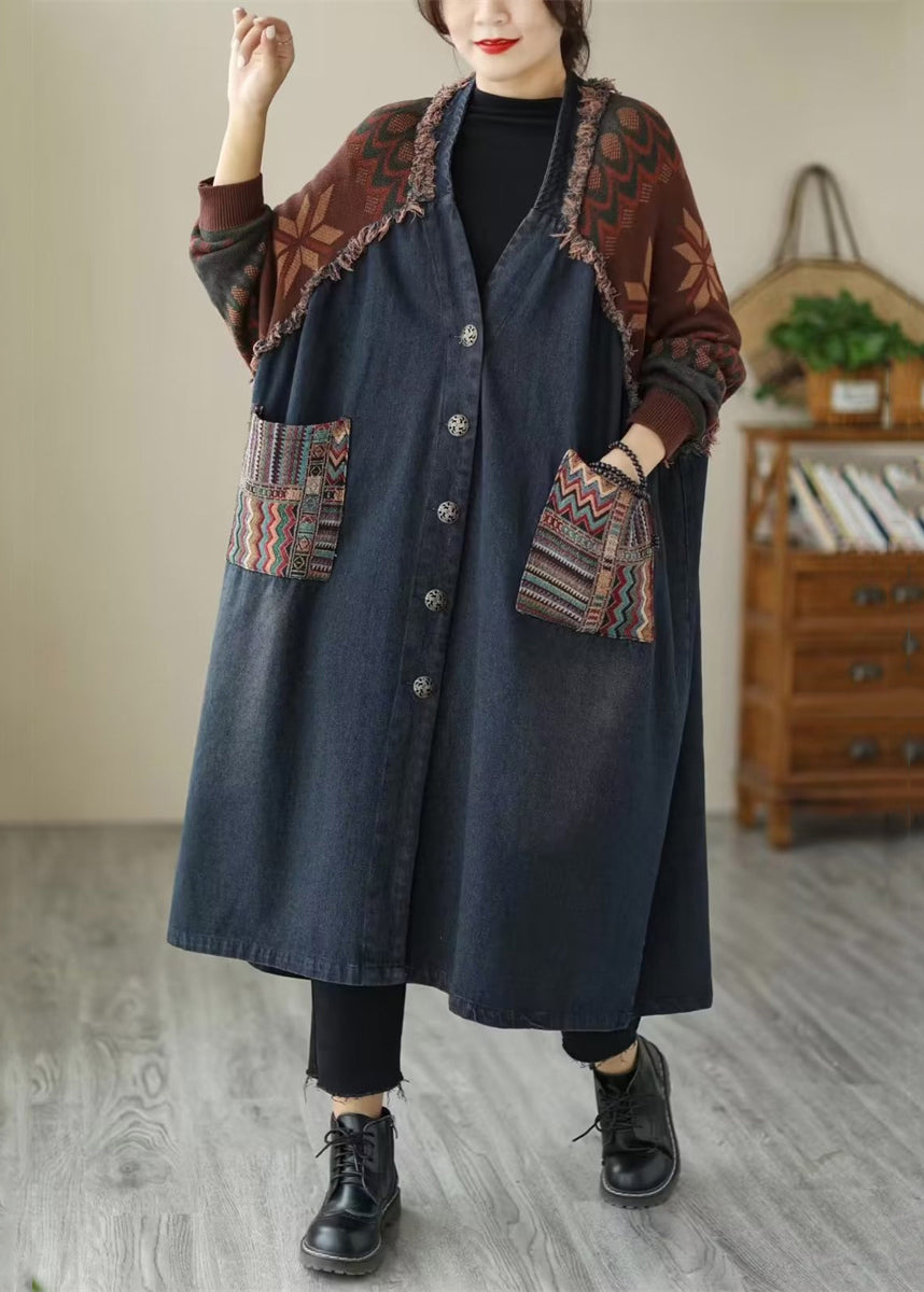 Drune | Taschen Patchwork Denim Lange Mäntel V-Ausschnitt