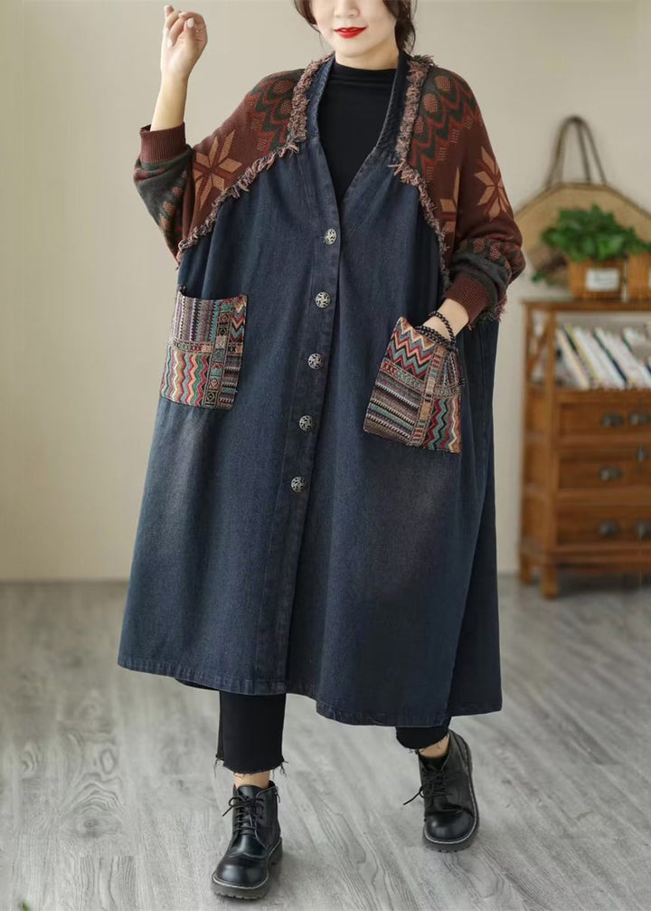 Drune | Taschen Patchwork Denim Lange Mäntel V-Ausschnitt