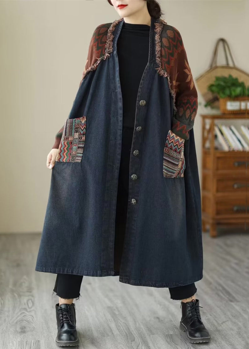 Drune | Taschen Patchwork Denim Lange Mäntel V-Ausschnitt