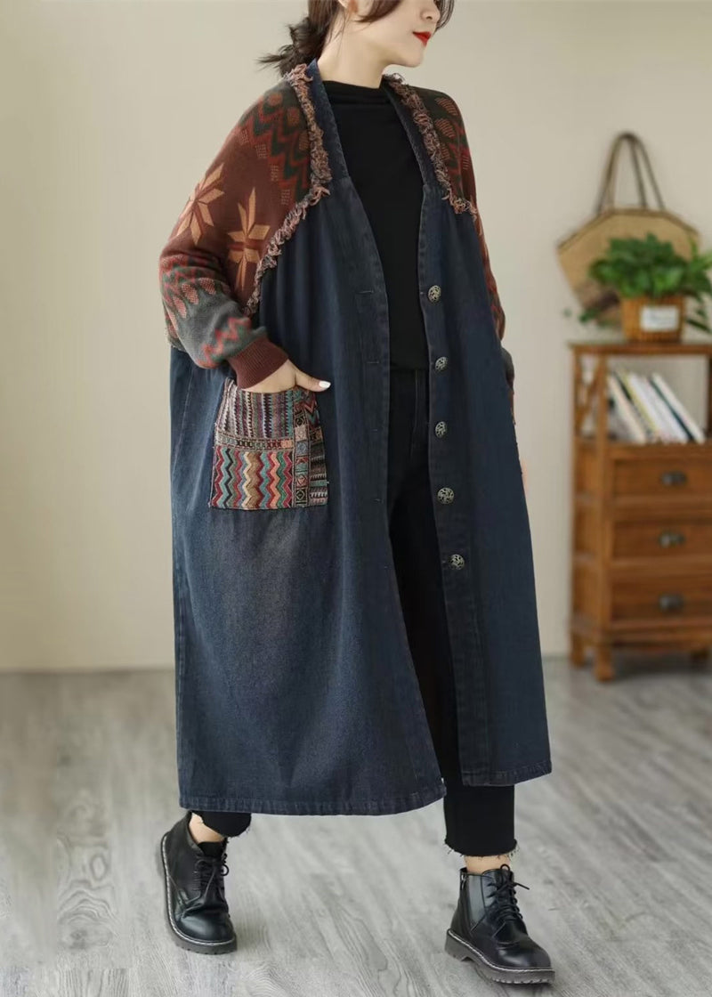 Drune | Taschen Patchwork Denim Lange Mäntel V-Ausschnitt