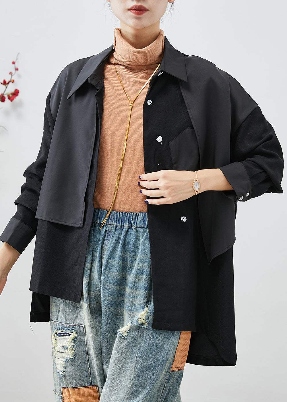 Drune | Schwarze asymmetrische Patchwork Jacken aus Baumwolle mit offenem Rücken