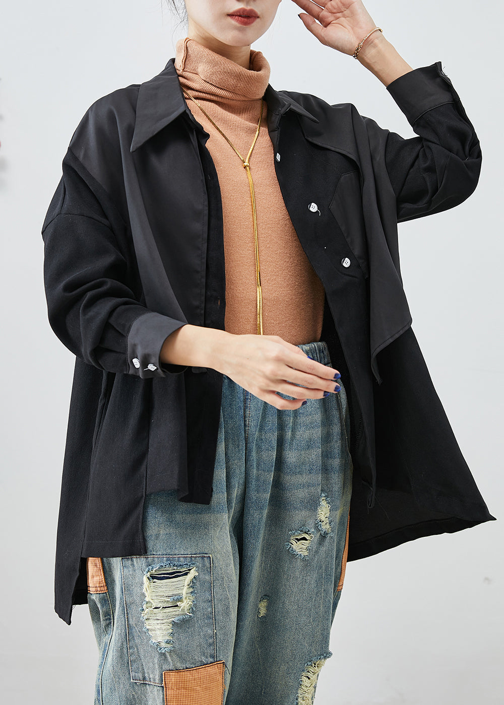 Drune | Schwarze asymmetrische Patchwork Jacken aus Baumwolle mit offenem Rücken