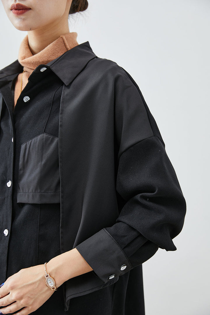 Drune | Schwarze asymmetrische Patchwork Jacken aus Baumwolle mit offenem Rücken