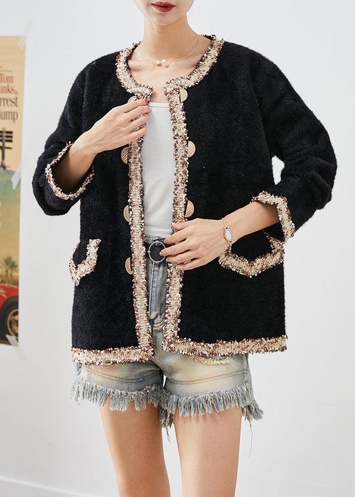 Drune | Schwarze doppelte Brust Patchwork Minky-Veloursmäntel