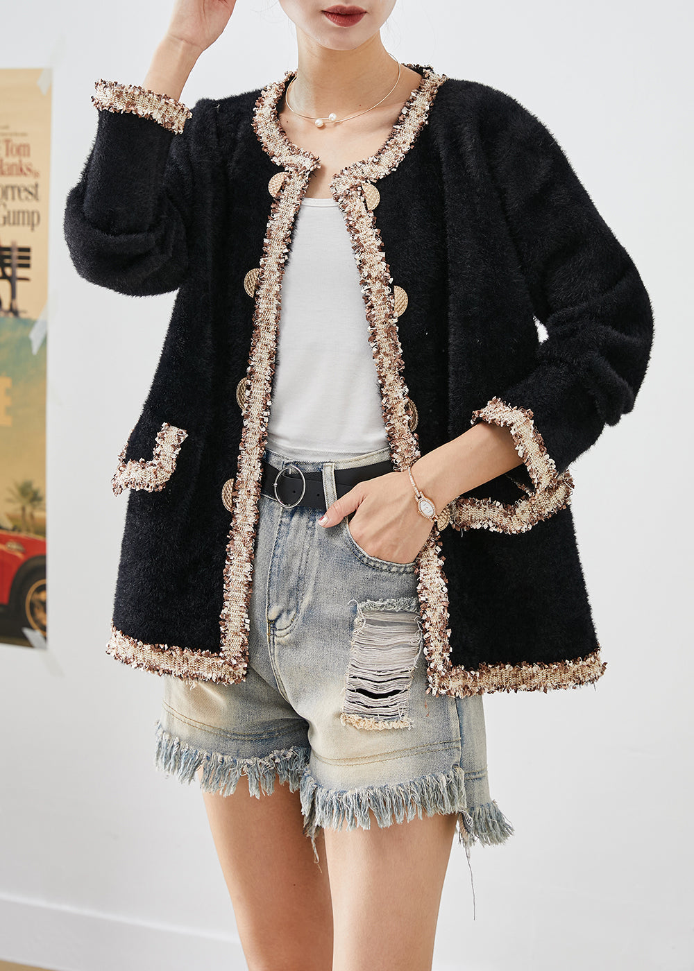 Drune | Schwarze doppelte Brust Patchwork Minky-Veloursmäntel