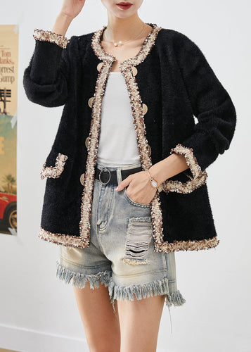 Drune | Schwarze doppelte Brust Patchwork Minky-Veloursmäntel