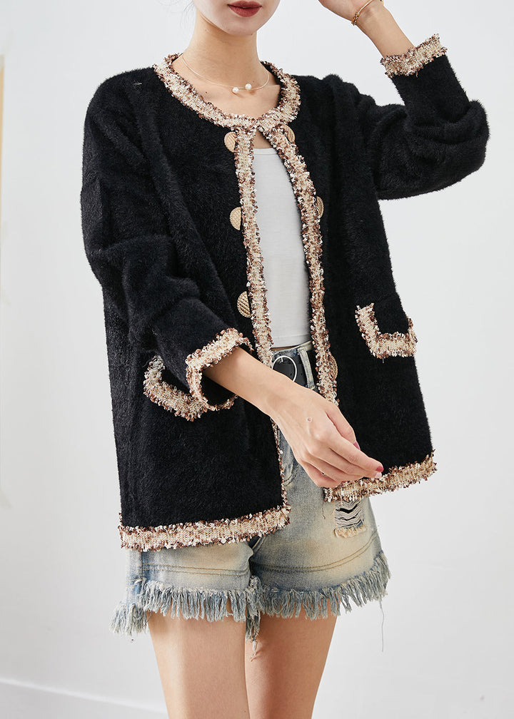 Drune | Schwarze doppelte Brust Patchwork Minky-Veloursmäntel