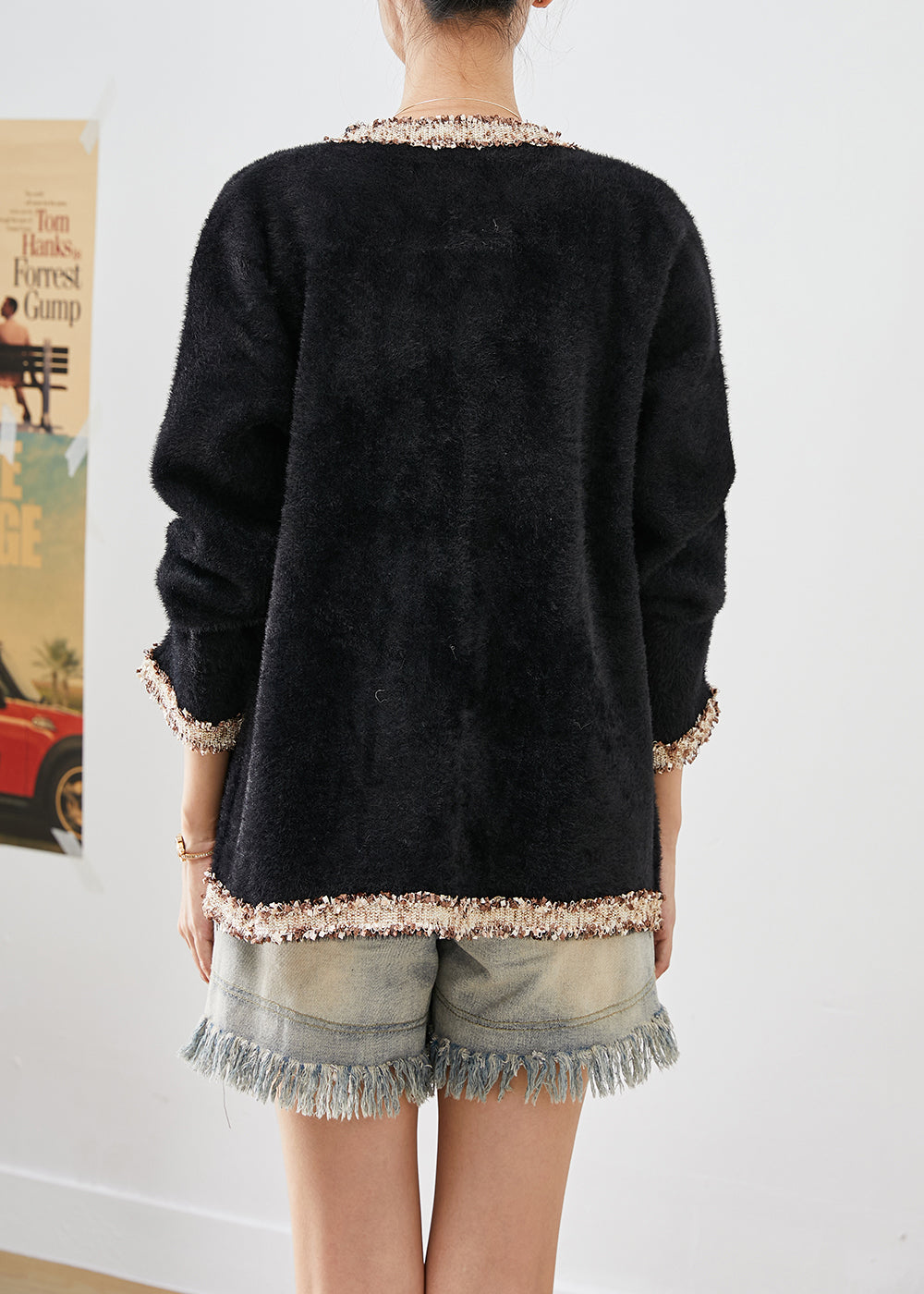 Drune | Schwarze doppelte Brust Patchwork Minky-Veloursmäntel