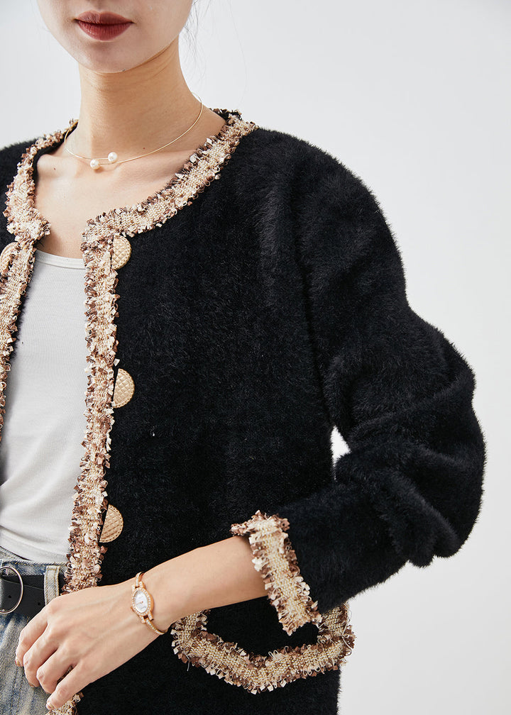 Drune | Schwarze doppelte Brust Patchwork Minky-Veloursmäntel