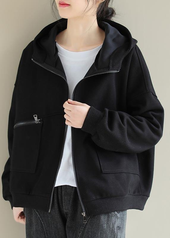 Drune | Schwarzes Modeoutfit Garderoben Kapuzen Zip-Up Damenmäntel