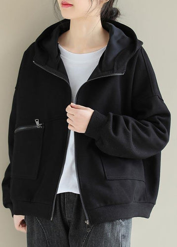 Drune | Schwarzes Modeoutfit Garderoben Kapuzen Zip-Up Damenmäntel
