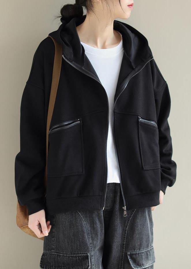 Drune | Schwarzes Modeoutfit Garderoben Kapuzen Zip-Up Damenmäntel