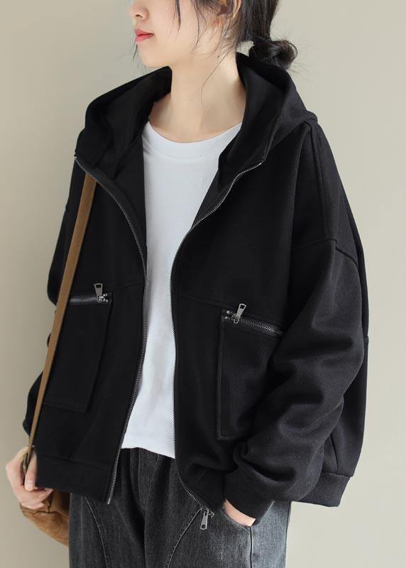 Drune | Schwarzes Modeoutfit Garderoben Kapuzen Zip-Up Damenmäntel