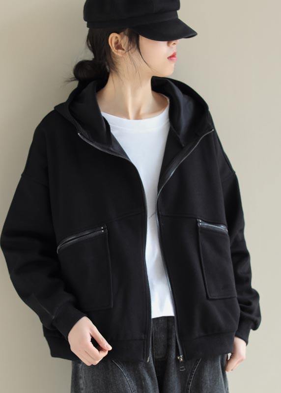 Drune | Schwarzes Modeoutfit Garderoben Kapuzen Zip-Up Damenmäntel