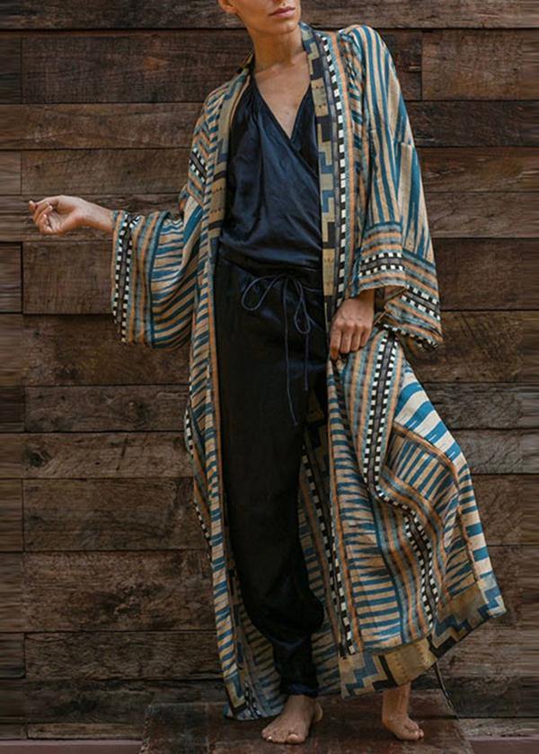 Drune | Blauer Geometrischer Druck Kimono Bademantel