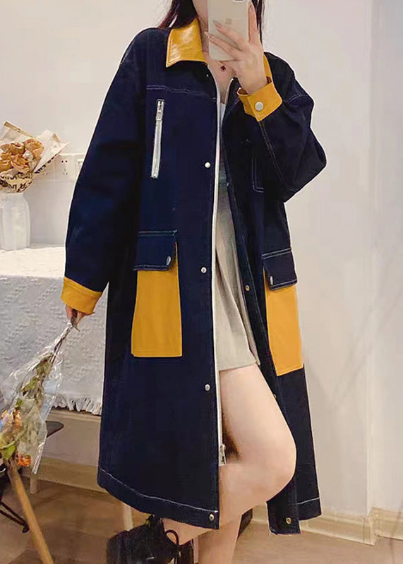 Drune | Denim Blau Peter Pan Kragen Patchwork Reißverschluss Knopf Leinen Lange Trenchcoats