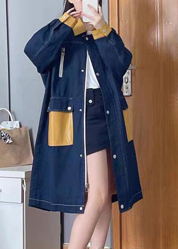Drune | Denim Blau Peter Pan Kragen Patchwork Reißverschluss Knopf Leinen Lange Trenchcoats