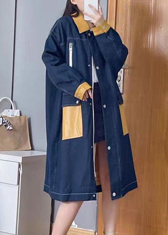 Drune | Denim Blau Peter Pan Kragen Patchwork Reißverschluss Knopf Leinen Lange Trenchcoats