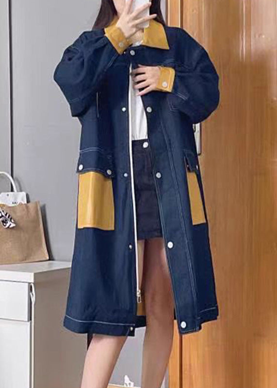 Drune | Denim Blau Peter Pan Kragen Patchwork Reißverschluss Knopf Leinen Lange Trenchcoats