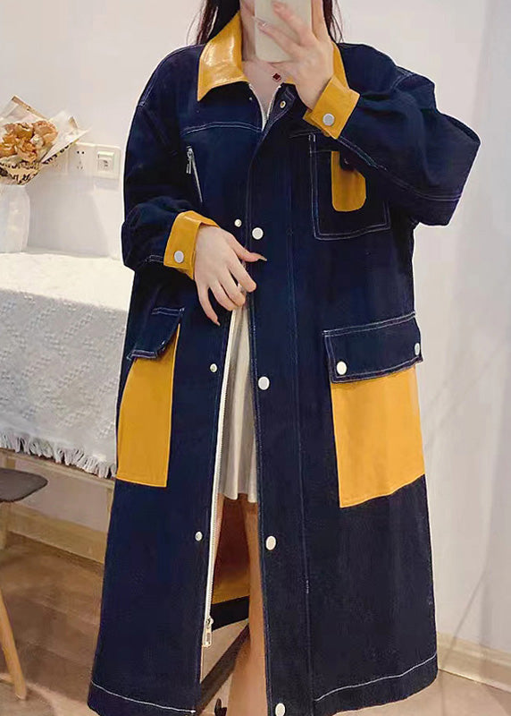 Drune | Denim Blau Peter Pan Kragen Patchwork Reißverschluss Knopf Leinen Lange Trenchcoats