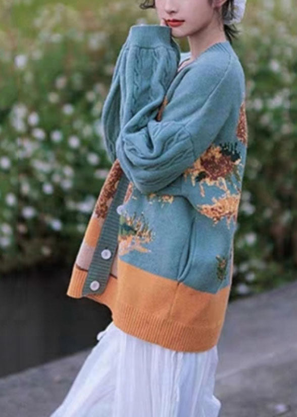 Drune | Grüner Floral Button Baumwoll Strickpullover Mäntel