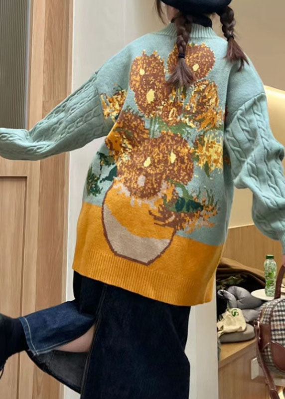 Drune | Grüner Floral Button Baumwoll Strickpullover Mäntel