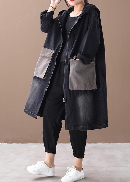 Drune | Denim schwarz feine Tunika Muster Outfits mit Kapuze große Taschen Winter Damen Mäntel