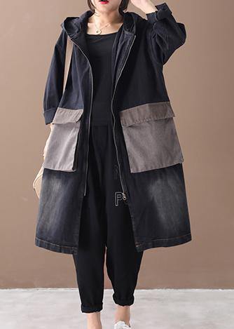 Drune | Denim schwarz feine Tunika Muster Outfits mit Kapuze große Taschen Winter Damen Mäntel