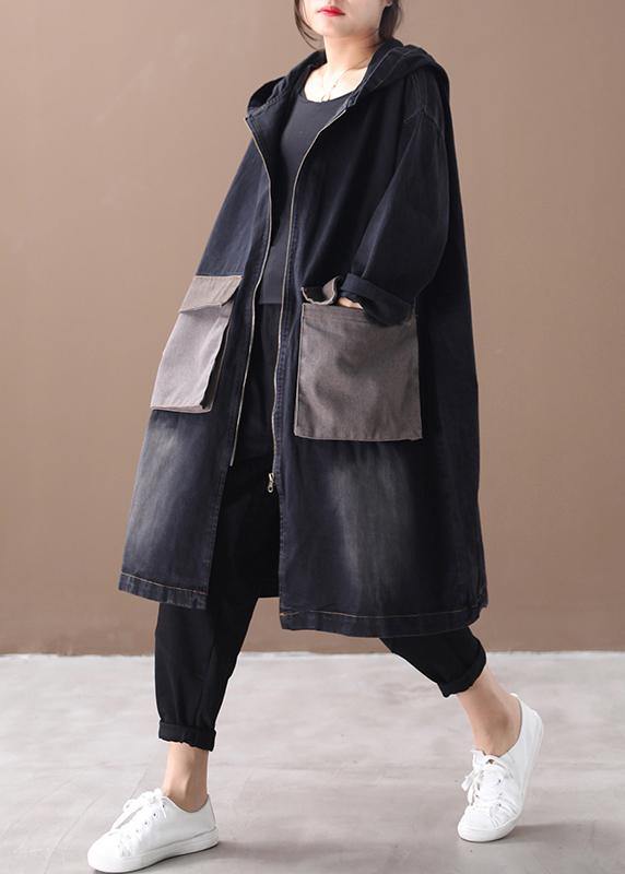 Drune | Denim schwarz feine Tunika Muster Outfits mit Kapuze große Taschen Winter Damen Mäntel