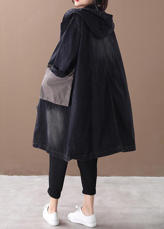 Drune | Denim schwarz feine Tunika Muster Outfits mit Kapuze große Taschen Winter Damen Mäntel