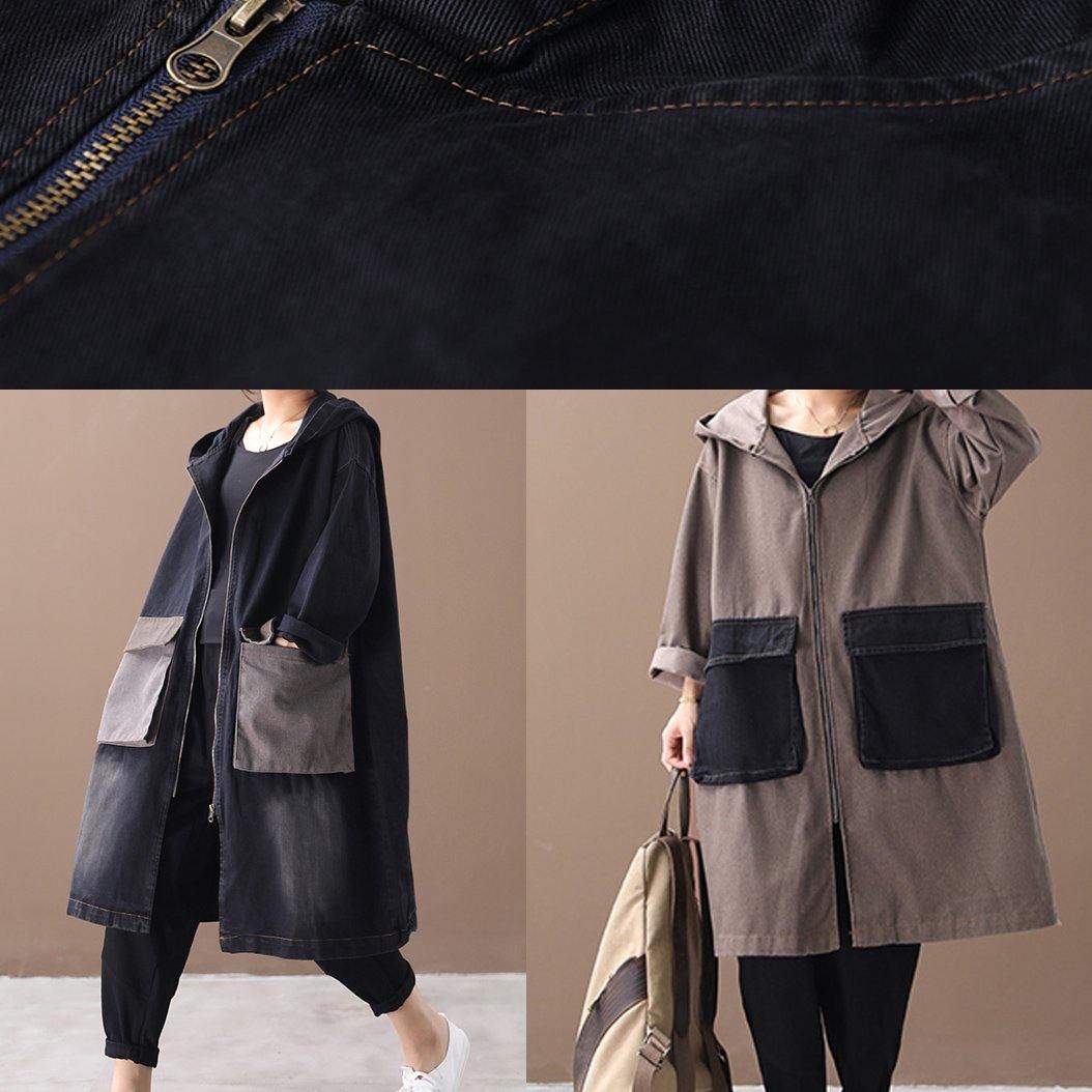 Drune | Denim schwarz feine Tunika Muster Outfits mit Kapuze große Taschen Winter Damen Mäntel