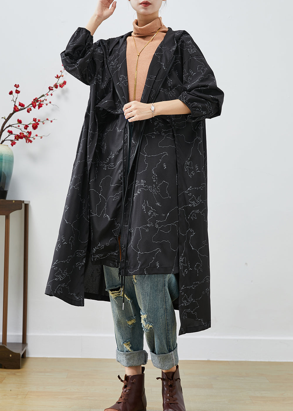 Drune | Schwarze asymmetrische Druck-Schnürung Spandex Trenchcoats