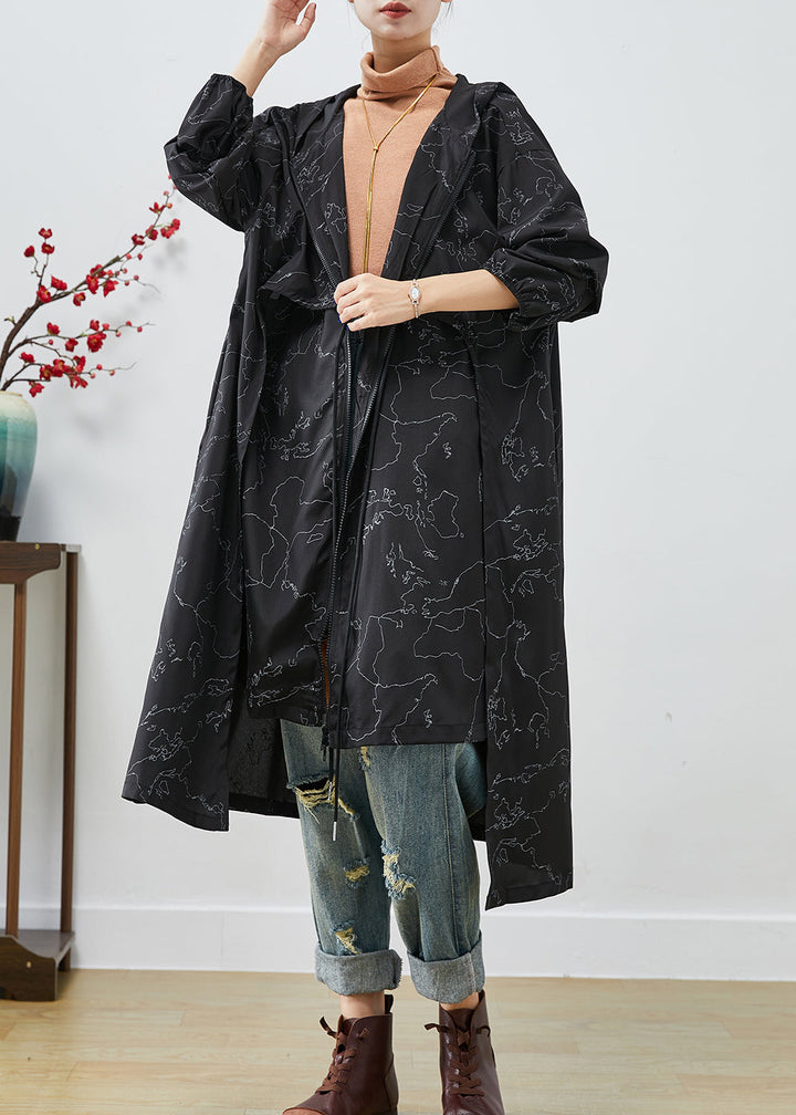 Drune | Schwarze asymmetrische Druck-Schnürung Spandex Trenchcoats