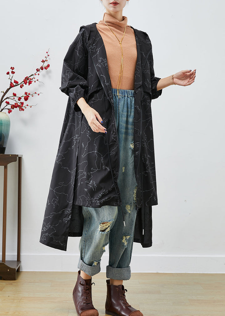 Drune | Schwarze asymmetrische Druck-Schnürung Spandex Trenchcoats
