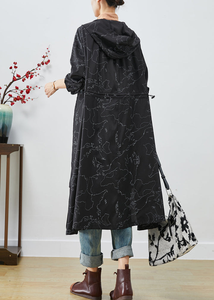 Drune | Schwarze asymmetrische Druck-Schnürung Spandex Trenchcoats