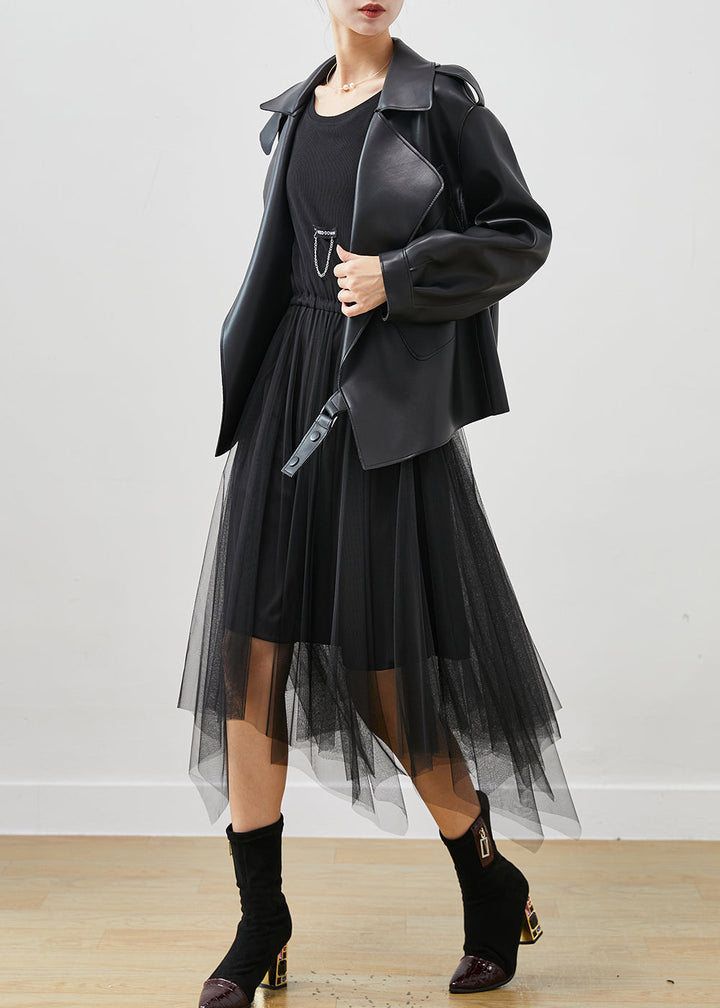 Drune | Schwarze Kunstlederjacken und Tüllkleid Zweiteiliges Set Damenbekleidung