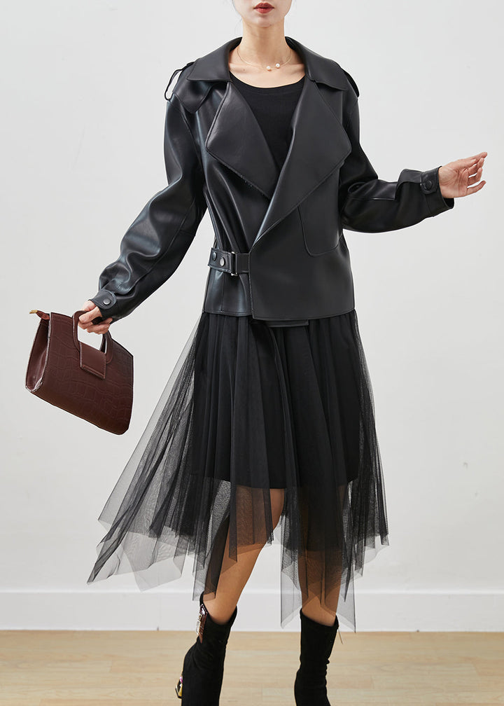 Drune | Schwarze Kunstlederjacken und Tüllkleid Zweiteiliges Set Damenbekleidung