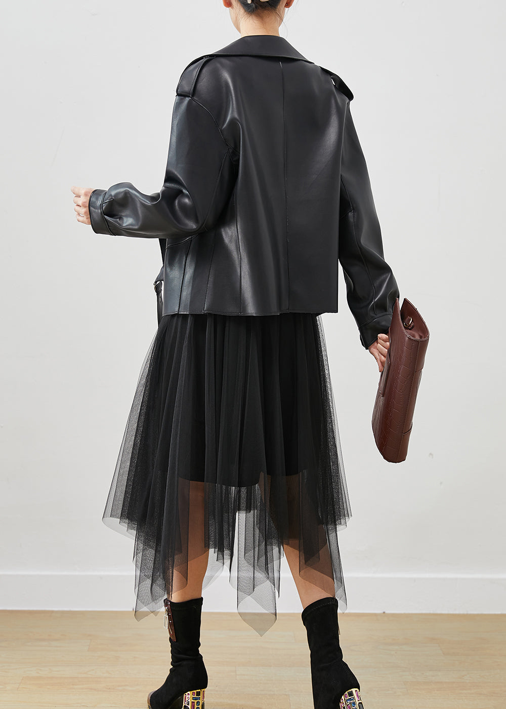 Drune | Schwarze Kunstlederjacken und Tüllkleid Zweiteiliges Set Damenbekleidung