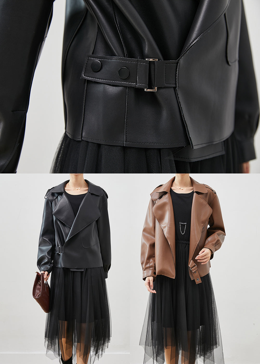 Drune | Schwarze Kunstlederjacken und Tüllkleid Zweiteiliges Set Damenbekleidung