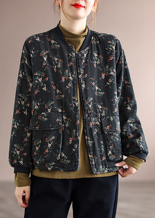 Drune | Schwarze Drucktaschen Patchwork Feine Baumwollgefüllte Jacken Winter